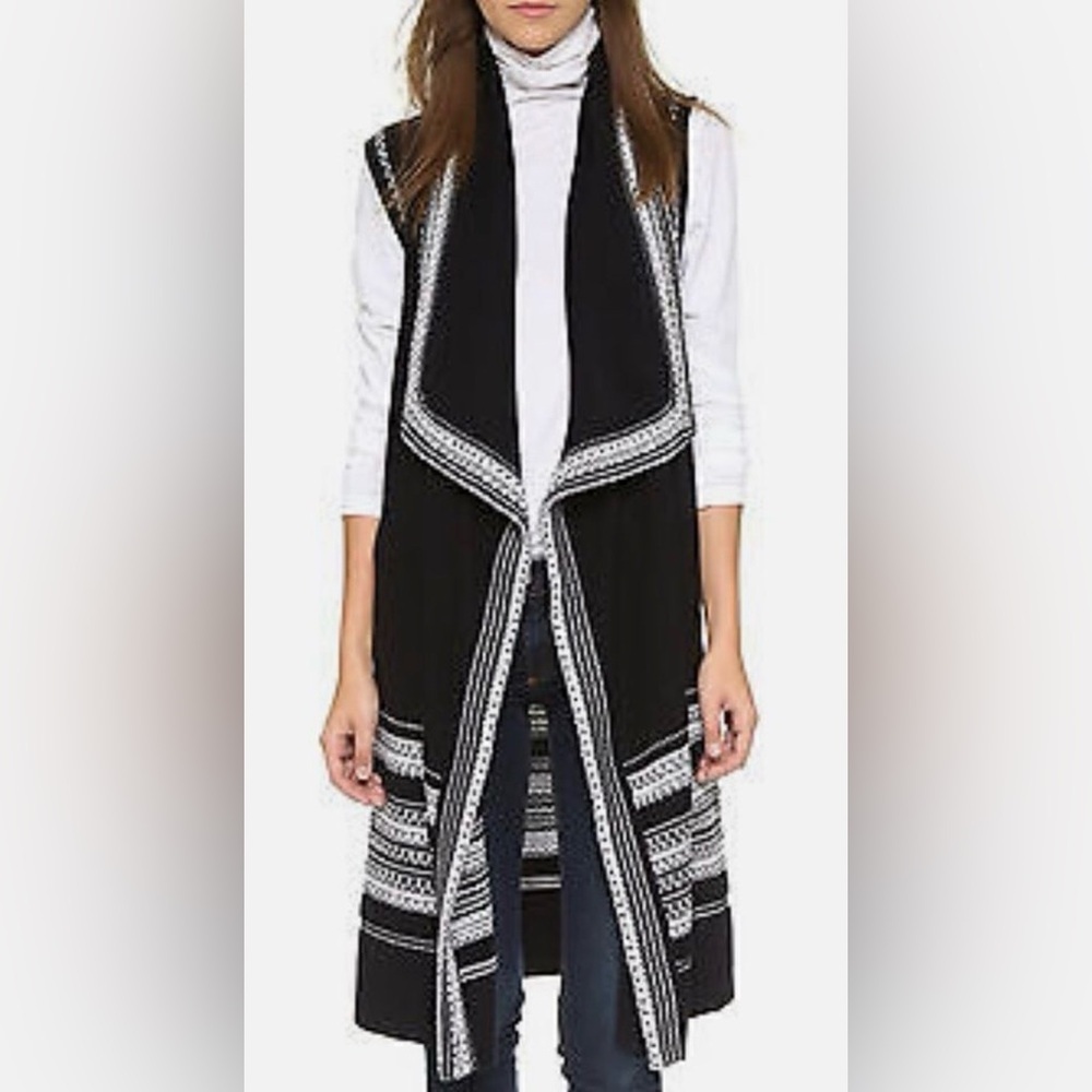 EUC Vince Long Open Cardigan Knit Vest Black With White Stripe Design Size S
